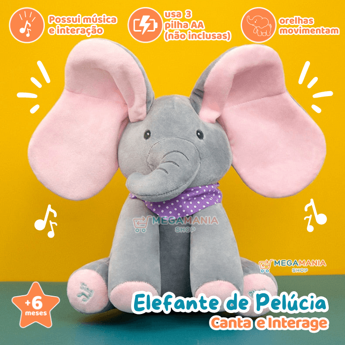Elefante de Pelúcia que Canta e Interage - Loja Mega Mania